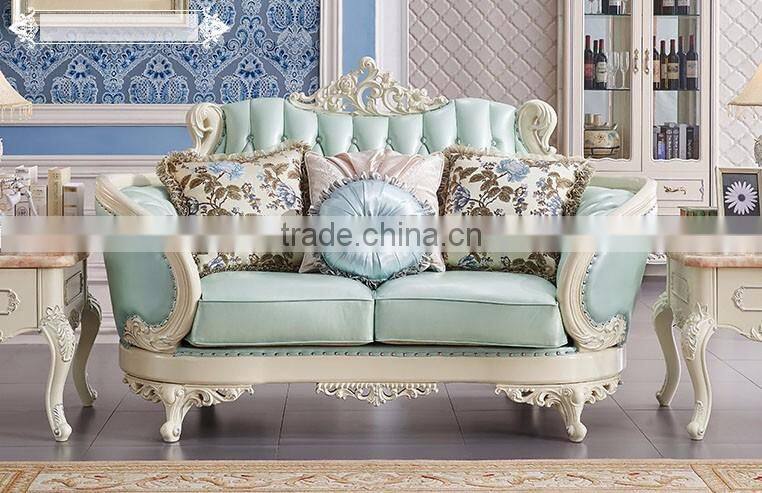 Neoclassic solid wood living room furniture fresh light blue color leather sofa set