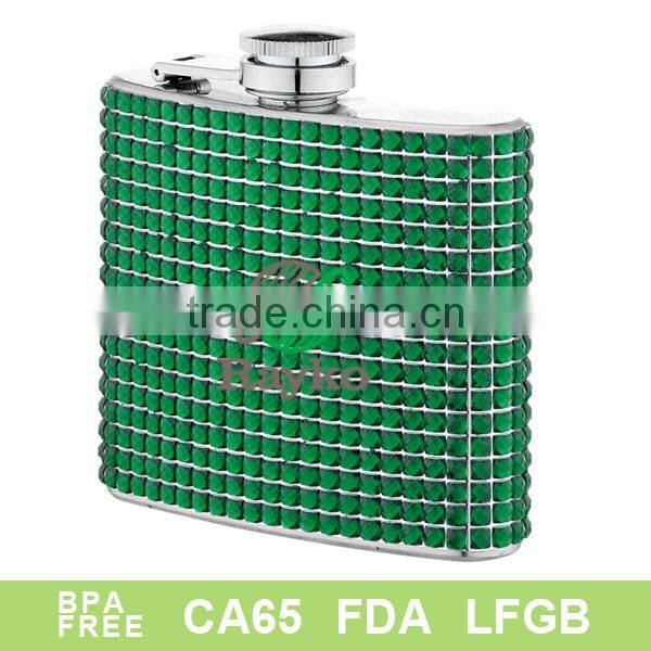 Green color stone stainless steel hip flask 8oz