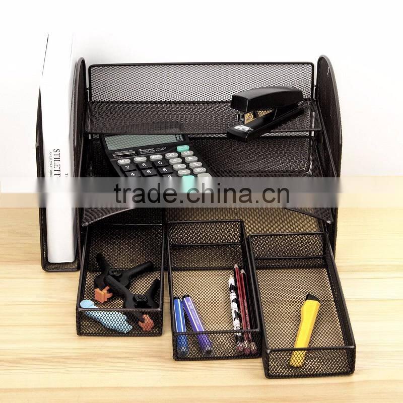 2017 amazon popular design black metal mesh desk file organizer with 3 Little Drawers