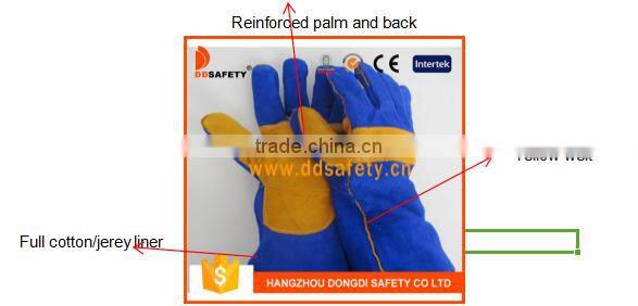 DDSAFETY Wholesale Blue Cow Split Welder Gloves With Reinforced Palm And Back