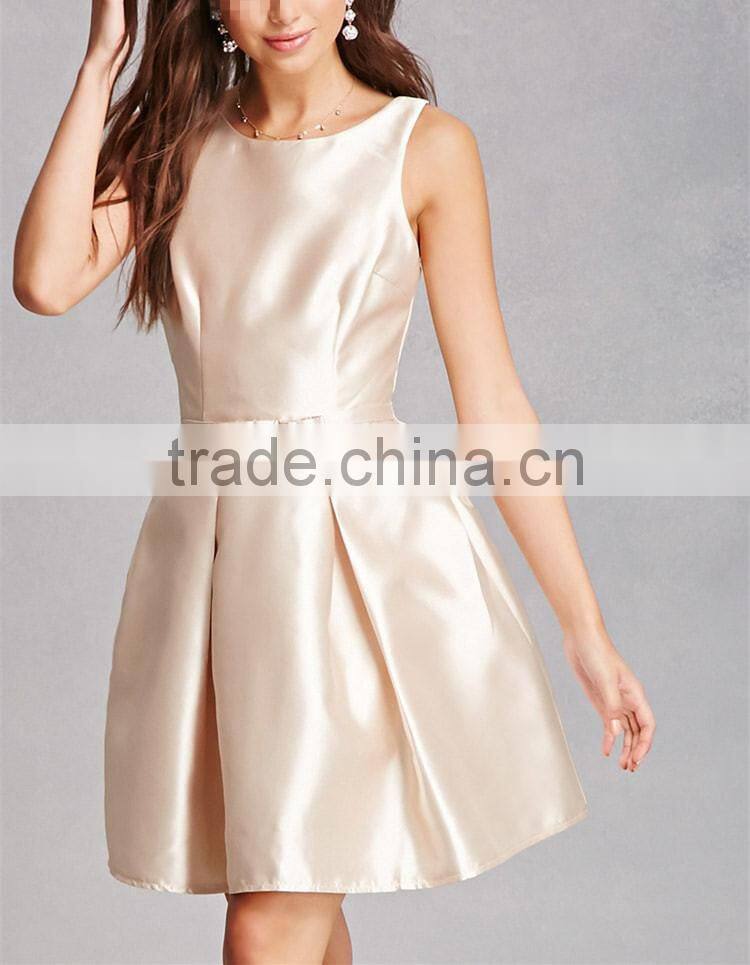New cheap Fashion round neck sleeveless on-seam pockets Pleated Taffeta Dress
