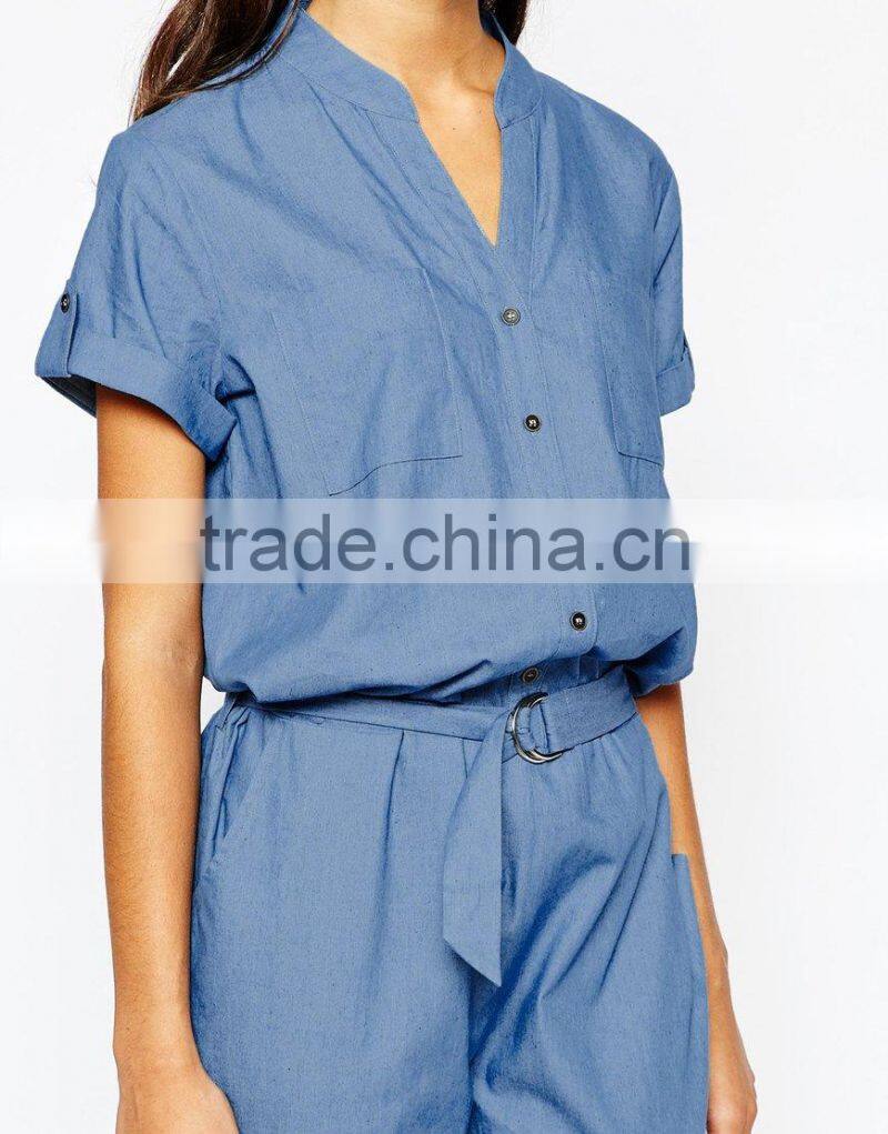 2015 China factory OEM ODM fashionable customized Chambray Jumpsuit with D Ring Belt