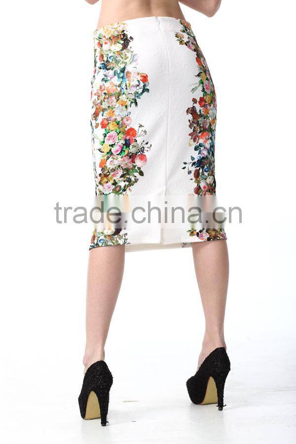 New Arrival Ivory Floarl Print Zip Fastening Back Pencil Skirt Woman Tube Skirt
