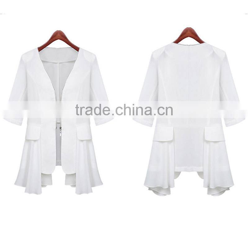 lady clothing garment manufacturer slim fit ruffle hem chiffon front zipper women autumn jacket 2015