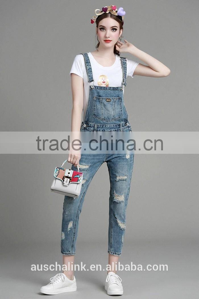 autumn new style high quality washed damaged bib pants customized