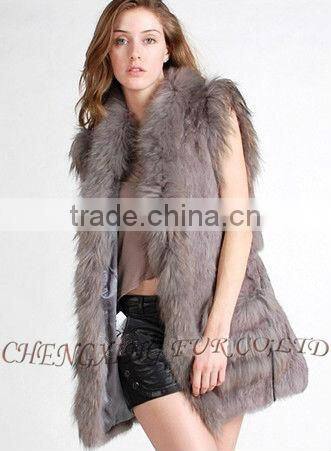 CX-G-B-203 Long Genuine Ladies Rabbit Fur Vest With Racoon Fur Trim ~ Casual Wear