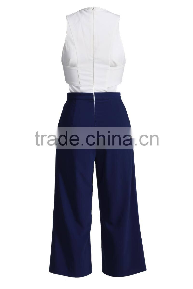 working women sleeveless white blue size cut jumpsuit with back zipper