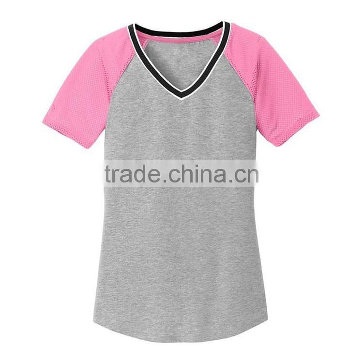 Fashion women grey and pink blank raglan v-neck high visibility t-shirts