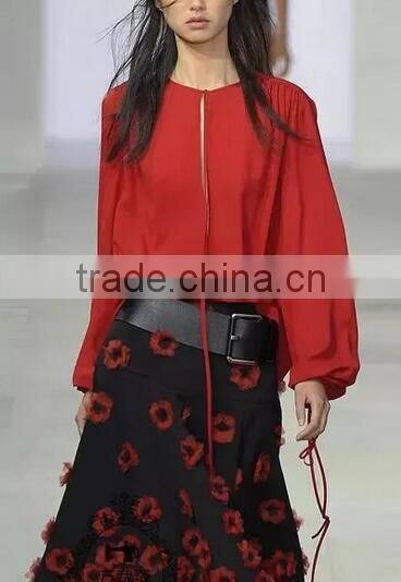 Runwaylover EY2343B Deep V-Neck Ladies Fashion Pure Color Chiffon Blouse