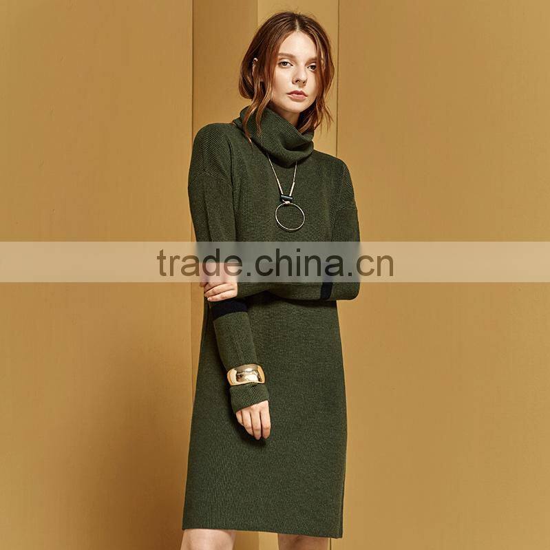 2017 fashion design ladies green color turtleneck sweater dress