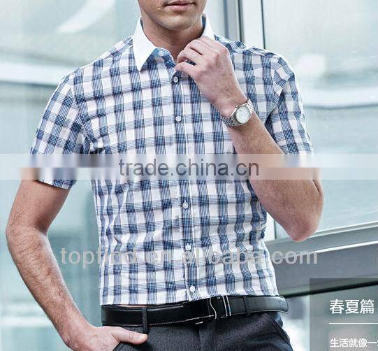 fashion blue plaids cotton shorts sleeve collar matched men shirts