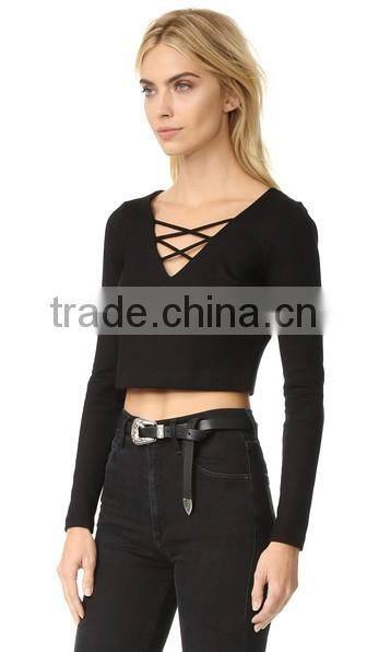 OEM seriver women T shirt black soild color cotton jesery V necklace T shirt