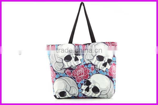 2014 fashion skull printed stripe canvas beach tote bag wholesale