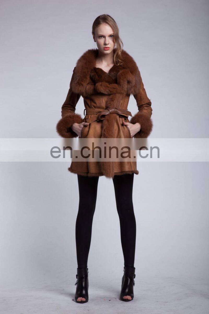 Luxury Fox Fur Trimmed Sheepskin Fur Garment Winter Fox Fur Hood Fur Jacket Bonjovi Original Design DOUBLE FACE Fur Coat