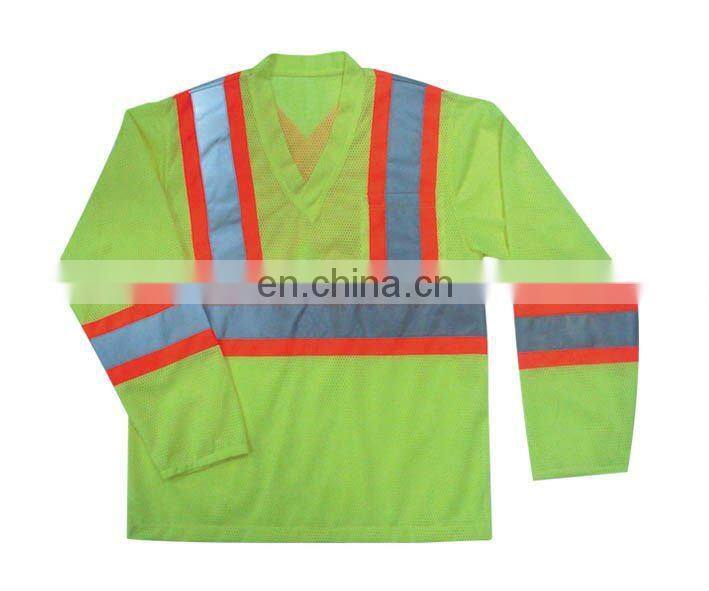 Fluorescent Yellow Long Sleeves Reflective Tape T-shirt