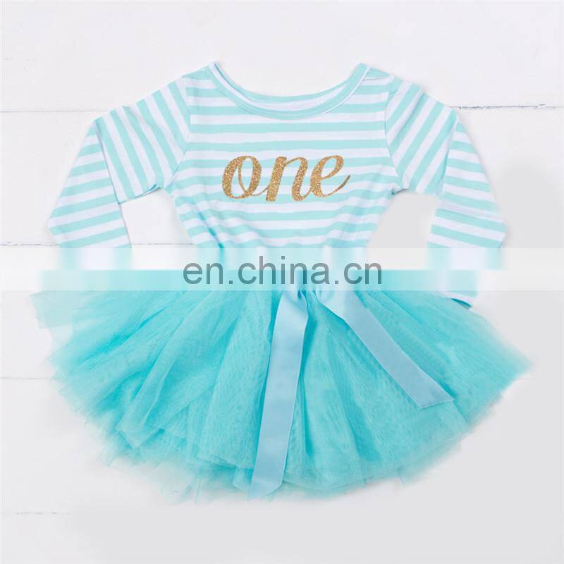 Fashion children party frock dresses long sleeves baby girls striped puffy party dress