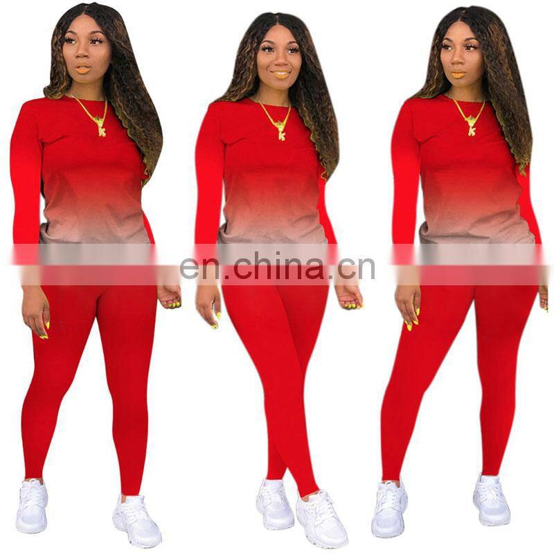 Wholesale custom autumn and winter women's new gradient round neck long-sleeved home casual sports suit jogging stacking pants