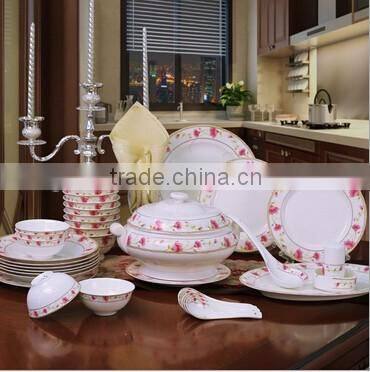 56 pcs white with pink flower dinner set