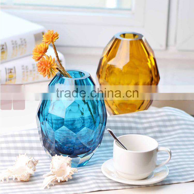 Casamotion Shiny Modern Small Diamond Blue Color Handmade Glass Vase