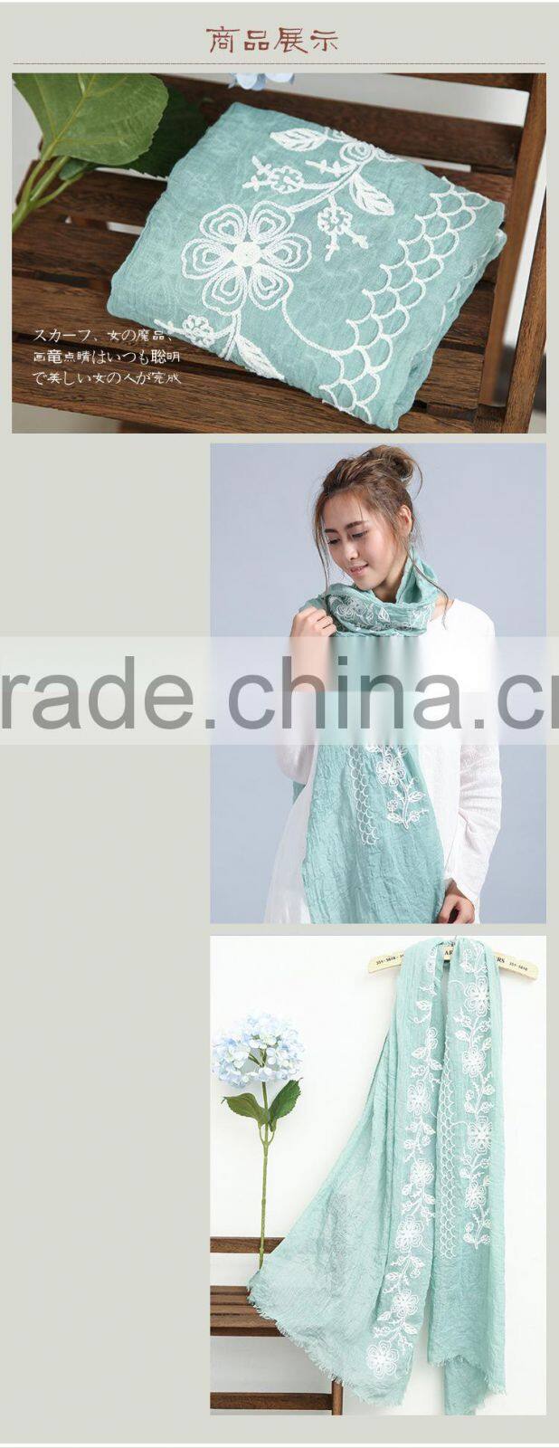 New Style Soft Long Cotton Flower Embroidery Hijab