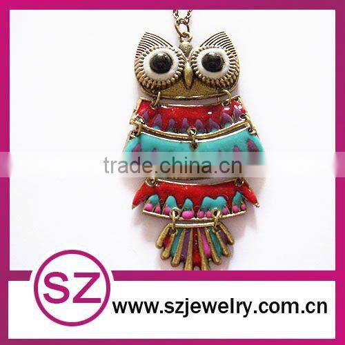 Antique night owl necklace enameled brass pendant necklace