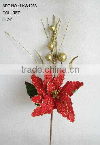 2013 Hot Sale Artificial Christmas Flowers 24" Artificial Velvet Red Poinsettia Spray
