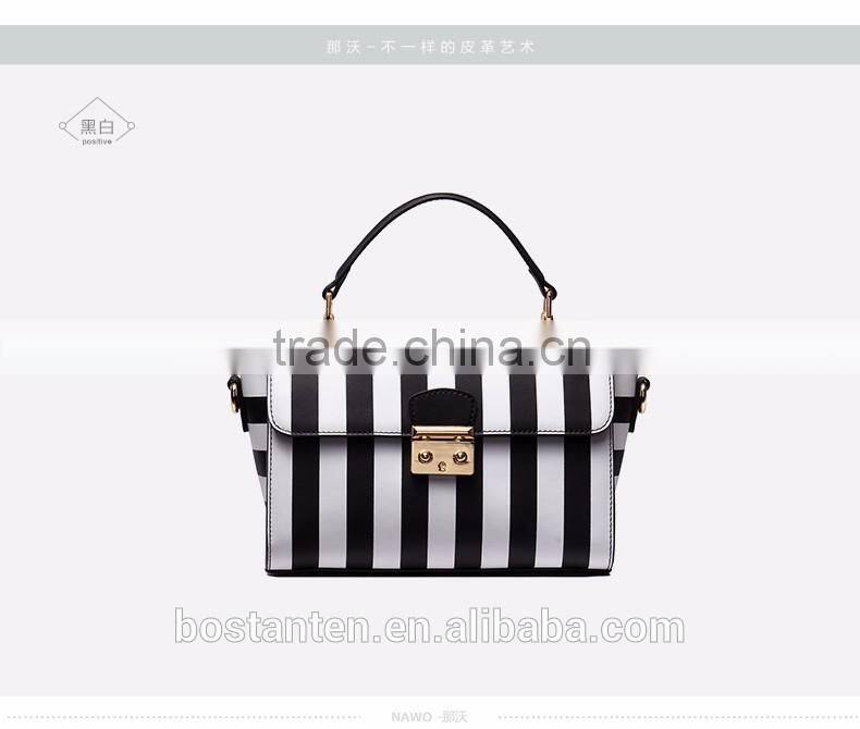 Striped design women handbag leather tote bag lock metal buckle