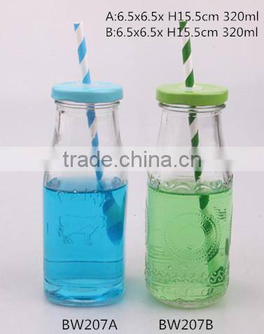 320ml glass milk bottle with metal lid and color paper straw