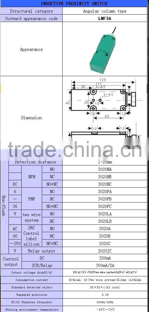 YUMO LMF36-3020PA 20mm PNP NO square inductive Proximity sensor