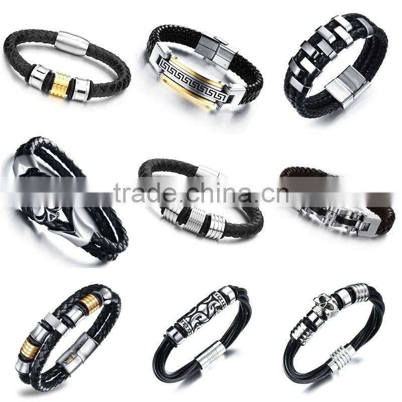 Silver Plated Stainless Steel Charms with Black Leather for Men Magnetic Bracelet