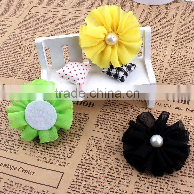 handmade chiffon flower with pearl beads center for kids hair accessories for baby girl