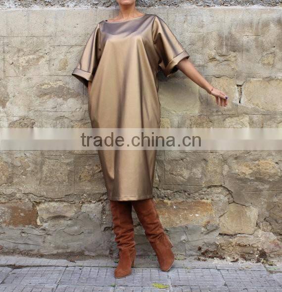2017 Gold Metallic Fabric Evening Cocktail Dress For Fat Women Plus Size Leather Dress HSD5978