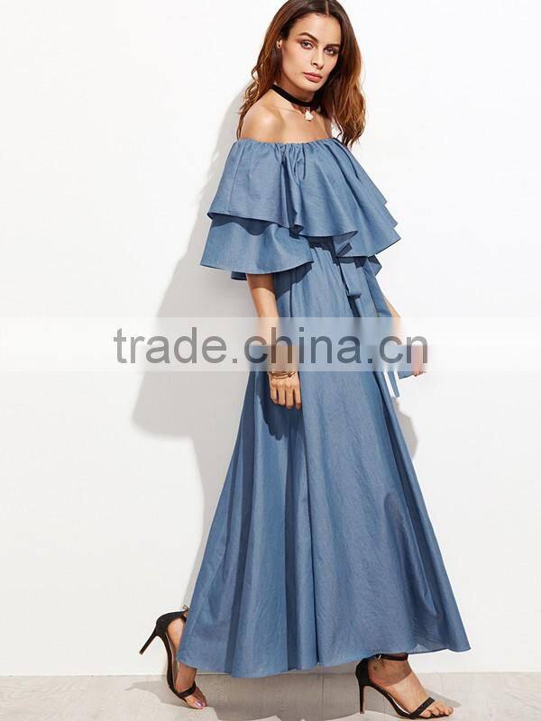 Ladies Ruffled Neck Off The Shoulder Short Sleeve Blue Color Tie Waist Long Maxi Denim Dress