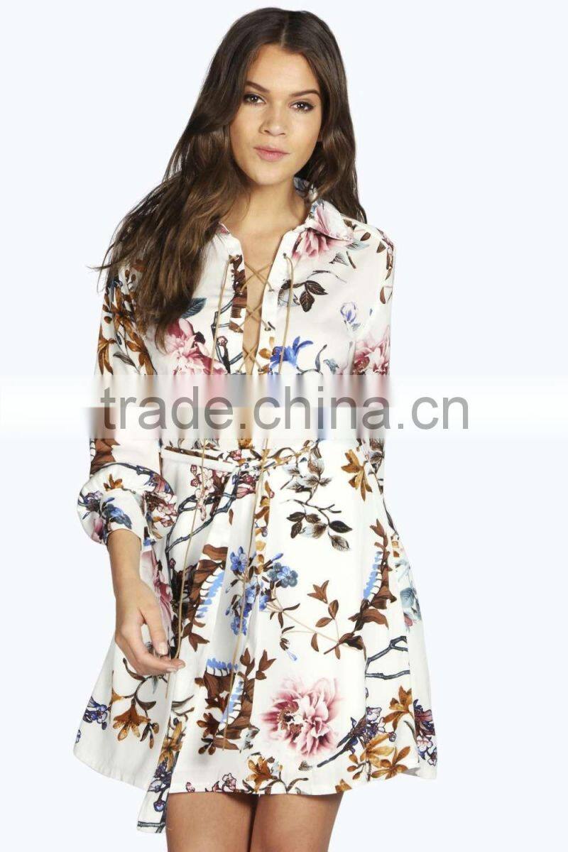 Wholesale latest custom floral printing low cut v neck bandage dress 2016