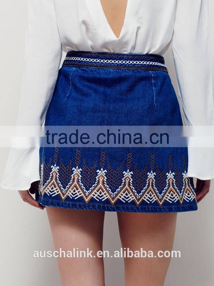new arrival young girls embroidery denim mini skirt customized 2016