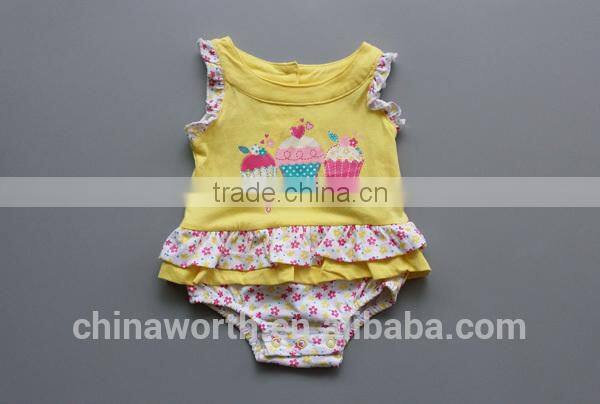 100% cotton cartoon pattern suit dress baby girl romper with dress