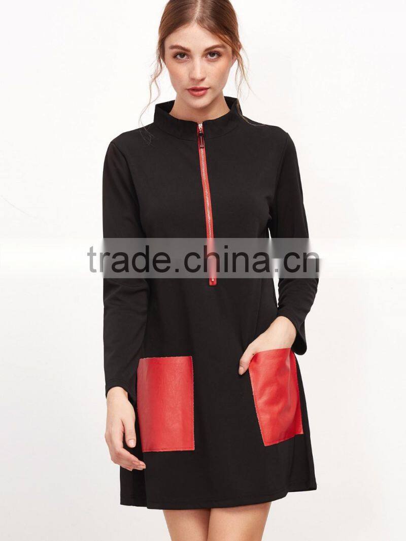 Black Stand Collar Contrast Pockets Zipper Dress Cotton Spandex Long Sleeve Color Block Casual Short Dress