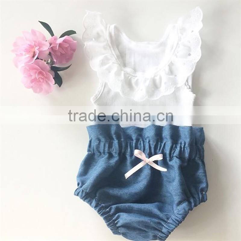 Hot Sale Baby Clothes Navy Nlue Polka Dots Outfit Lace Trim Kids Girls With Ruffle Bloomer Set
