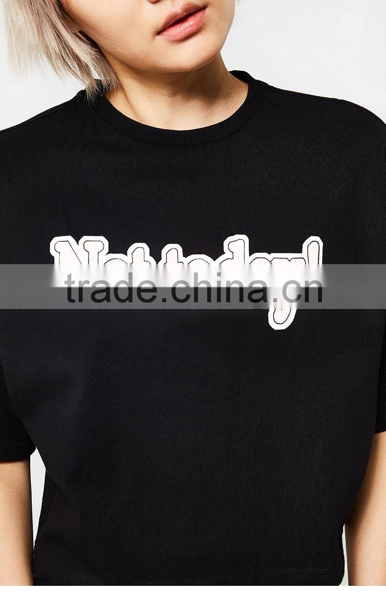2017 Women 100% cotton patch emboridery drop shoulder Crop Top T Shirt women
