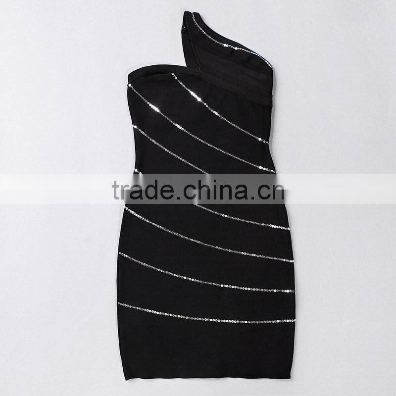 New Designer One Piece Sexy Flash Stripes Black One-shoulder Party Dress