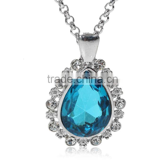 Jewelry Lobster Clasp Cable Chain Necklace Teardrop Silver Tone Blue Clear Rhinestone Faceted 64cm long