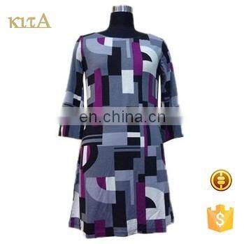 women fashion middle length sleeve contrast color geometry print dress