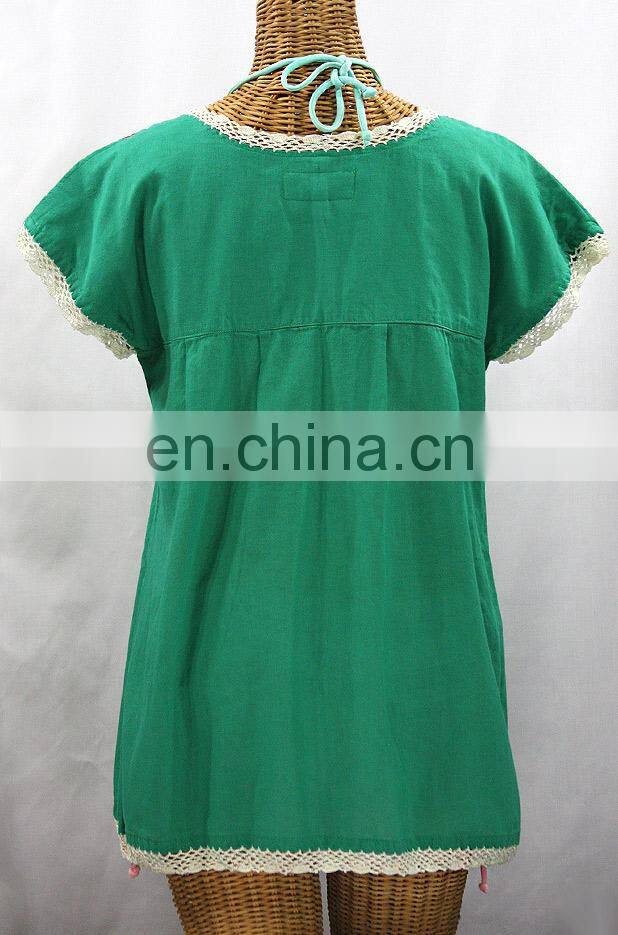 Green Cotton Women's Maxican Handcrafted Multi Color Embroidered Kaftan Party Wear Short Dress