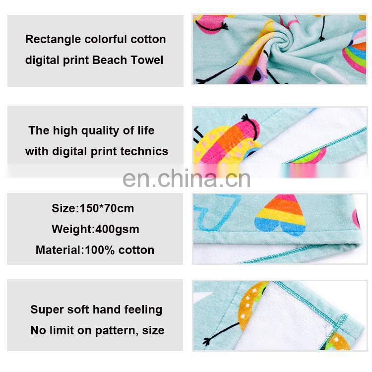 Wholesale 100% cotton rectangle colorful digital print super soft towels custom beach towel with image pattern