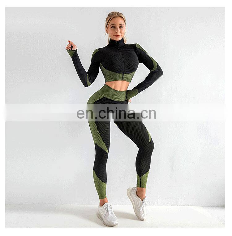 Wholesale women 3 pieces crop top leggings and sports bra workout clothes 3 pieces seamless yoga belt zipper suit