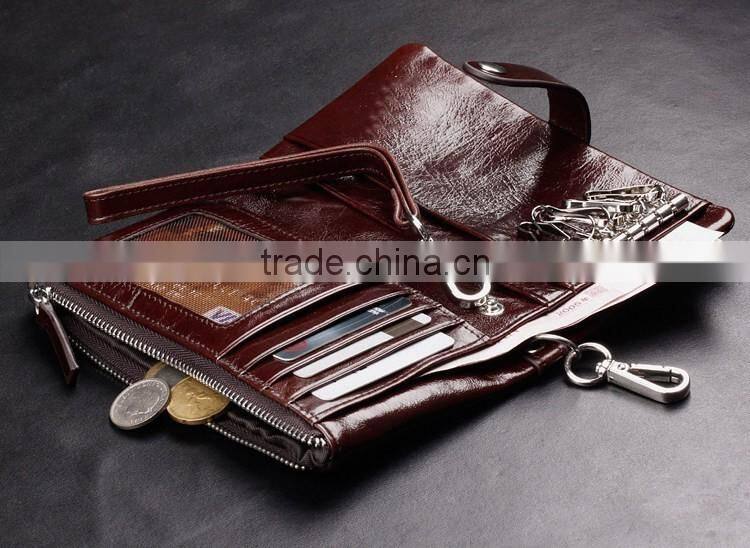 Top oil wax cowhide leather car key case key holder for men Multi-functional wallet with wristlet