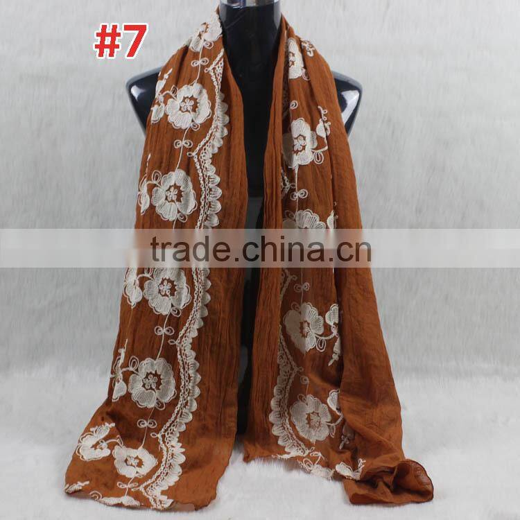 New Style Cotton Viscose Beautiful Flower Design Embroidery Shawl Scarf