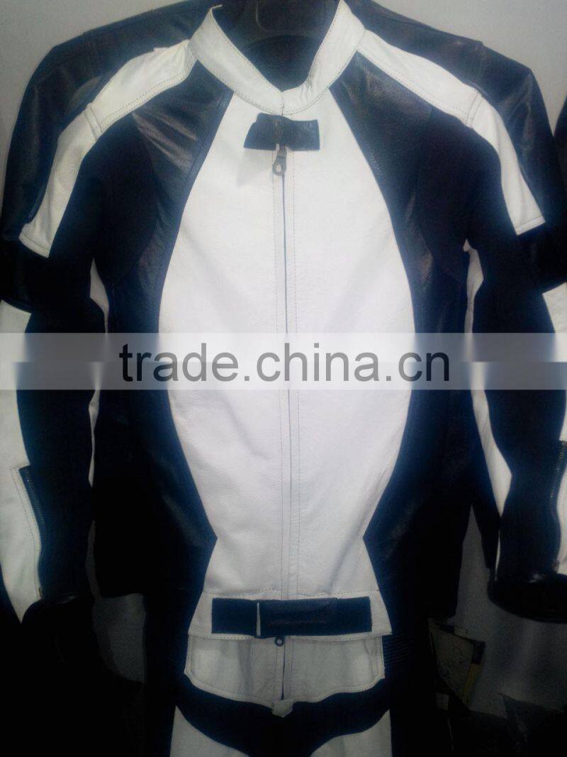 MENS MOTORBIKE LEATHER SUIT COWHIDE LEATHER BLACK & WHITE