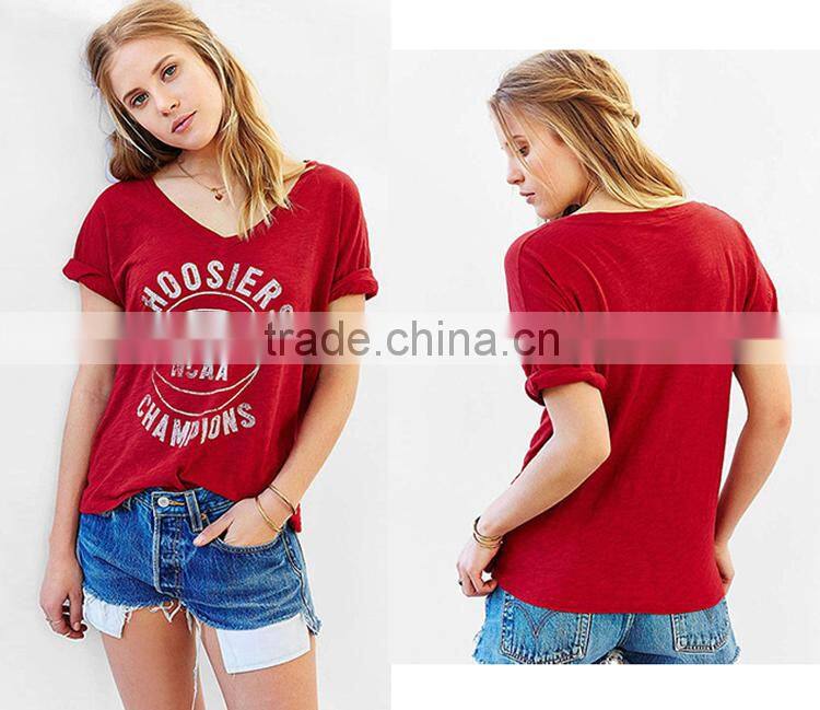 2016 fashion design cotton V-neck red color short sleeve t shirt for woman