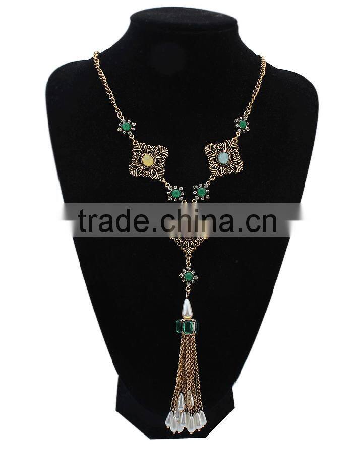 Ethnic gold jewellery square charm pearl drop metal tassel necklace
